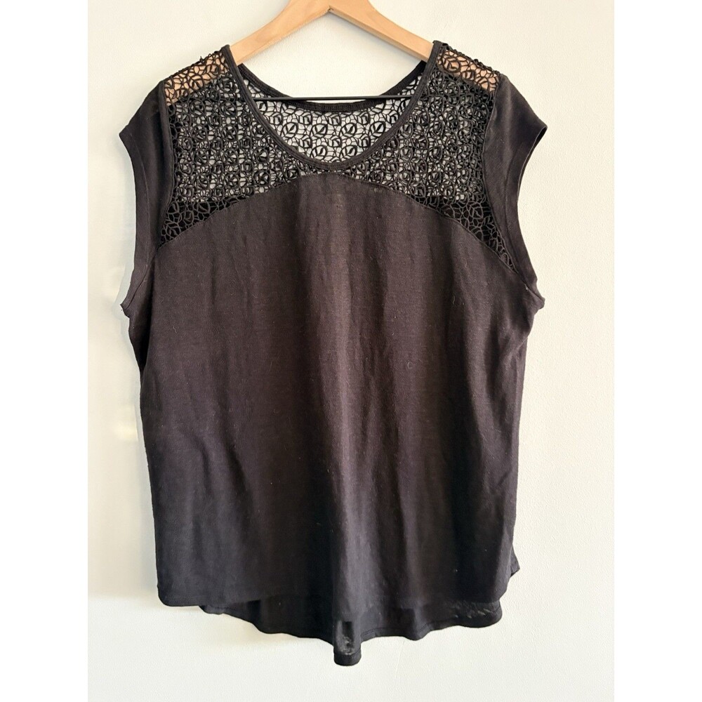 Old Navy Top Womens XL Black Short Sleeve Lace Neck Linen Blend